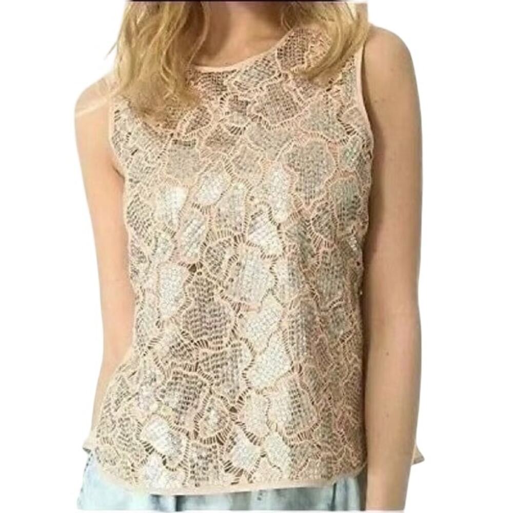 Rebecca Taylor Sleeveless Tan Silver Sequin Demi Peplum Silk Tank Blouse size 6